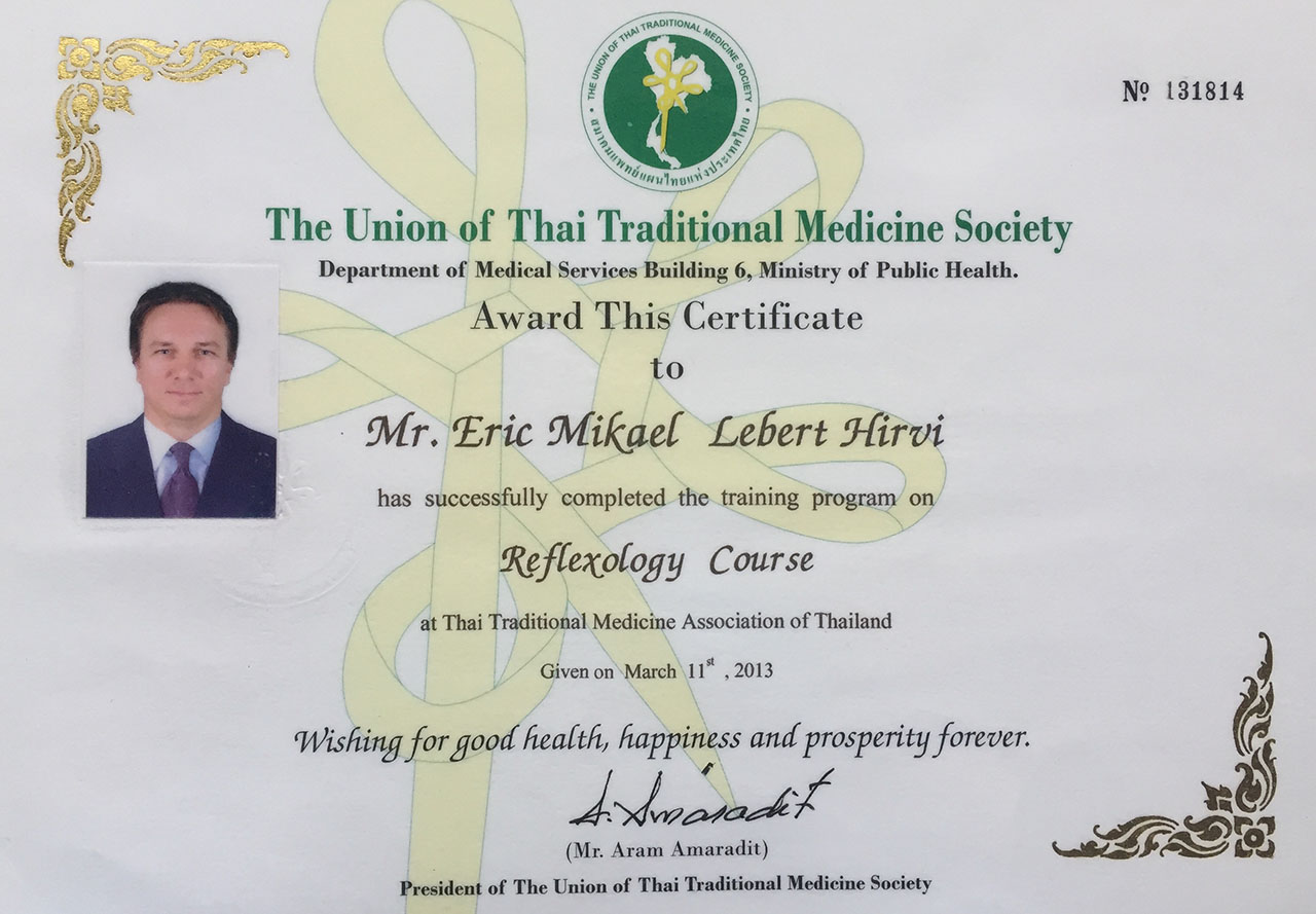 Eric Lebert Hirvi Certificate in Reflexology